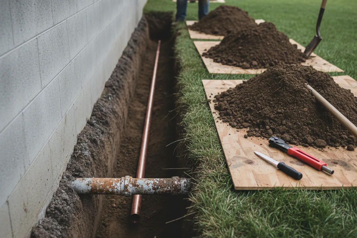 Excavated water line trench during Water Heater Repair in Hillside